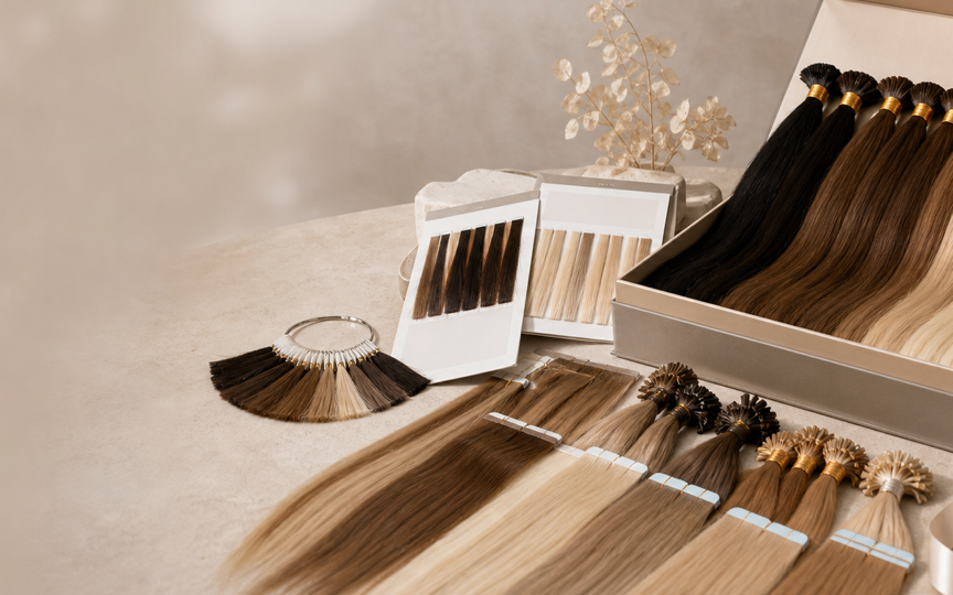 Human hair extension sample kit and colour swatches